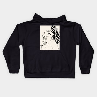 Woman Portrait And Plant Leaves Line Art Kids Hoodie